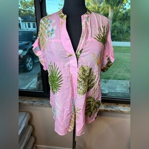 Lulalife Women's Pink Floral Oversized Short Sleeve Shirt / Blouse - Sz: Medium
